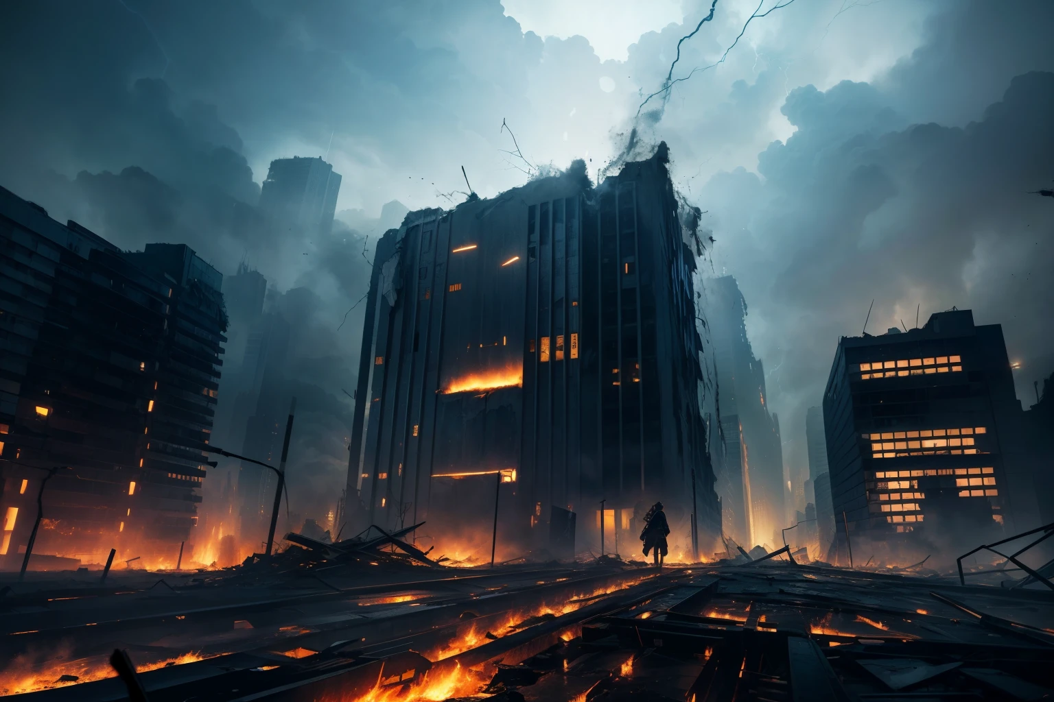 (best quality, masterpieces:1.2), apocalypse, black hole, city, lightning, thunder, intense destruction, chaotic scenes, towering buildings collapsing, swirling black vortex, crackling electricity, ominous darkness, fear and panic, abandoned streets, blazing fires, billowing smoke, apocalyptic mood, dramatic skies, debris and rubble, devastated landscapes, surreal and haunting, post-apocalyptic atmosphere, frenetic energy, destructive force, flickering lights, shattered windows, mysterious and foreboding, dramatic contrasts, urban decay, eerie silence, otherworldly dimension, pandemonium, catastrophic event, impending doom, intense storms, electrifying tension, surreal cityscape