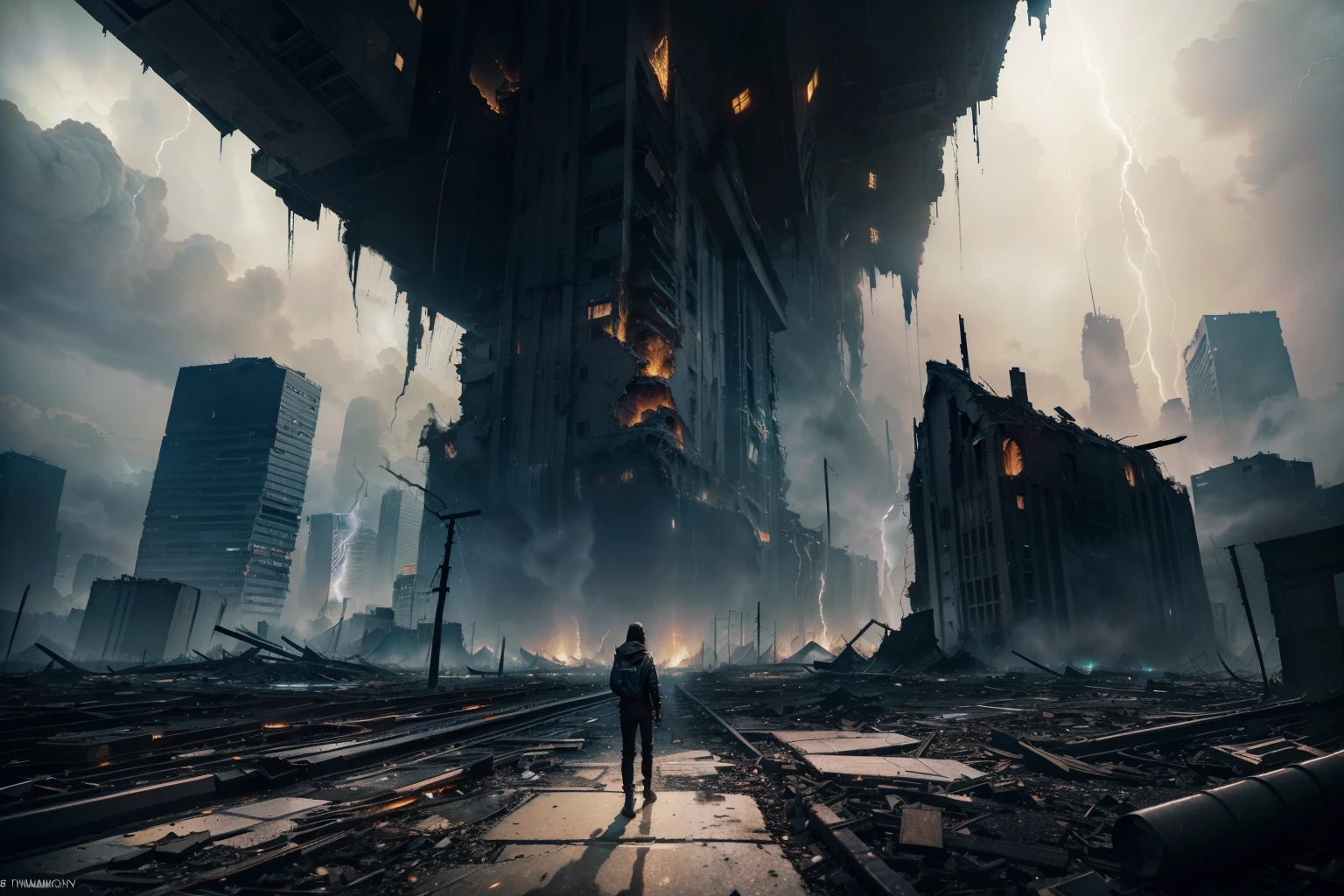 (best quality, masterpieces:1.2), apocalypse, black hole, city, lightning, thunder, intense destruction, chaotic scenes, towering buildings collapsing, swirling black vortex, crackling electricity, ominous darkness, fear and panic, abandoned streets, blazing fires, billowing smoke, apocalyptic mood, dramatic skies, debris and rubble, devastated landscapes, surreal and haunting, post-apocalyptic atmosphere, frenetic energy, destructive force, flickering lights, shattered windows, mysterious and foreboding, dramatic contrasts, urban decay, eerie silence, otherworldly dimension, pandemonium, catastrophic event, impending doom, intense storms, electrifying tension, surreal cityscape
