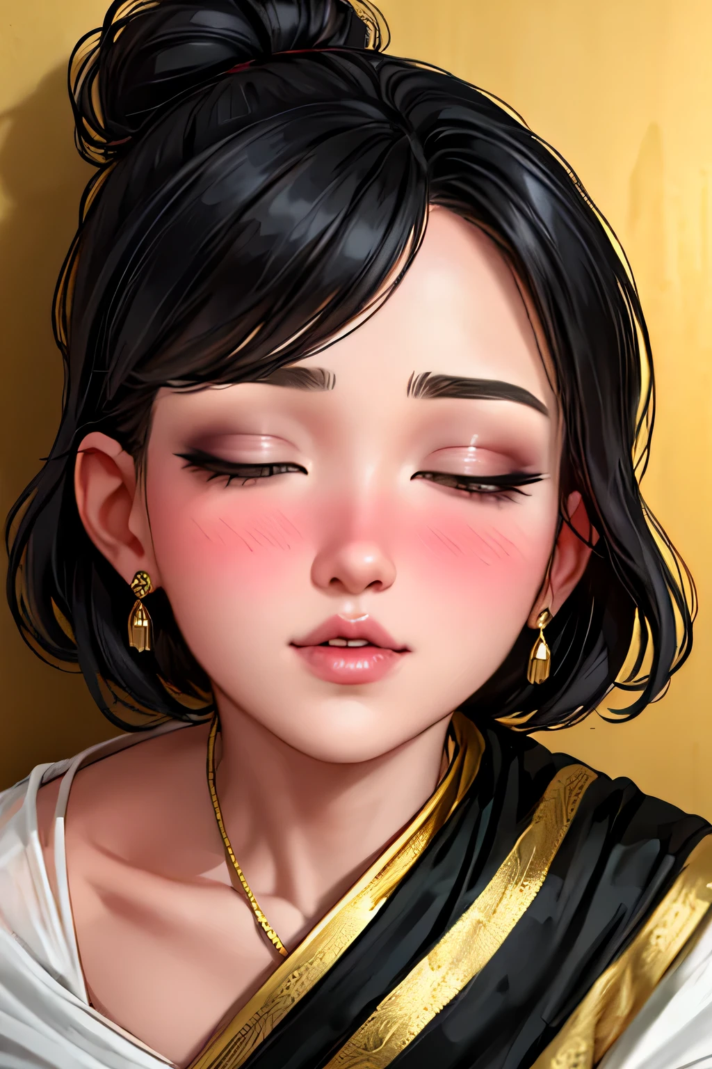 Sexy woman, black hair tied in a bun, smokey eyes, eyeliner, blushing intensely, fairest skin, plump face, soft lips, gold blouse, white saree with gold borders, pinned against a wall