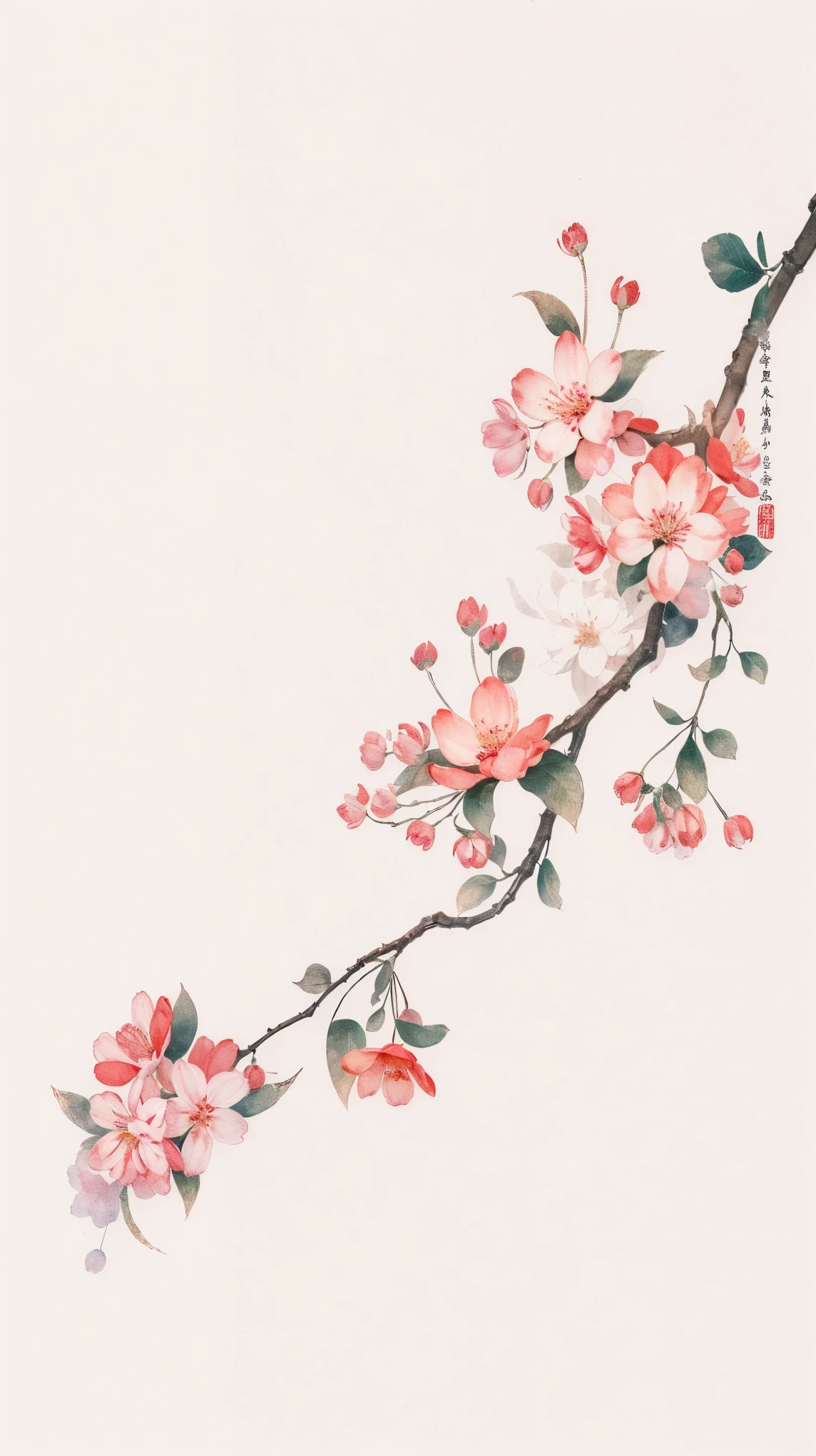 有一幅树枝上有plum bossom的画, Chinese watercolor style, Chinese style, Chinese painting style, Japanese-style, plum bossom, Traditional Chinese watercolor, traditional Chinese painting, Cherry blossoms花, Oriental wallpaper, Cherry blossoms盛开, Cherry blossoms, Chinese painting, flowering, 流动的Cherry blossoms色丝绸