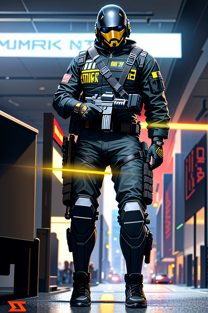 2men,heavily armed police,(They fire their guns flamboyantly),MaxTac, or Maximum Force Tactical Division, in "Cyberpunk 2077" are elite law enforcement units tasked with maintaining order in Night City. They are known for their advanced cybernetic enhancements, heavily armored exoskeletons, and high-tech weaponry. MaxTac operatives are highly trained and equipped to handle the most dangerous situations, often operating with ruthless efficiency to neutralize threats. They are a formidable presence in the city, feared by criminals and civilians alike for their unwavering commitment to enforcing the law.holding a gun,black helmet,cyberpunk downtown,Control the area,
