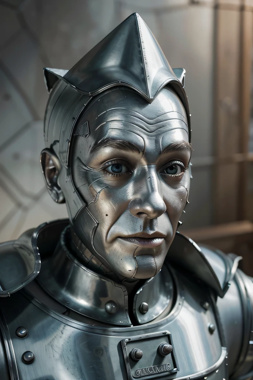 A up close portrait of the tin man from wizard of Oz with a shocked facial expression, Hyper realistic, ultra detailed, HDR, tin detail shocked facial expression, shocked