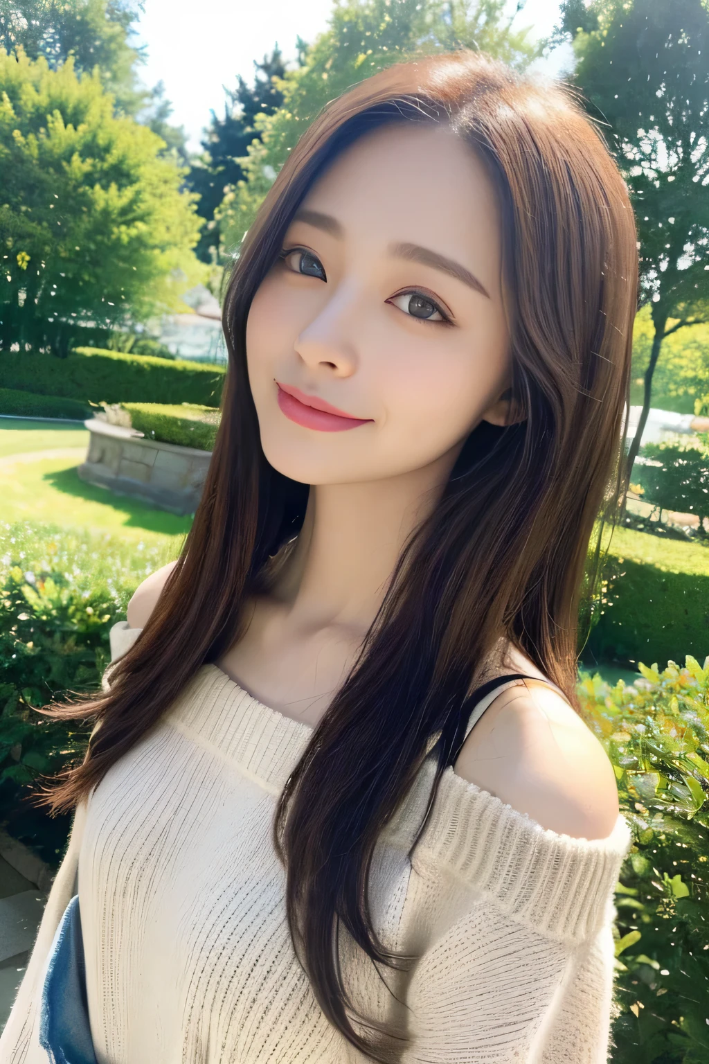 ((highest quality, 8K, masterpiece:1.3)), concentrated:1.2, Perfect body beauty:1.4, Hips:1.2, ((Delicate Hair)), (Colorful Solid Cold Shoulder Oversized Sweater、 :1.1) , ((highest quality、8K、masterpiece:1.3))、1 Girl、A sloppy smile、Esbian all over、Slim face、Big 、Beautiful woman、(Dark Brown Hair)、、1.1、Flickering Valley、Detailed eyes、double eyelid、Blurred Background、超Slim face、Looking down、garden、