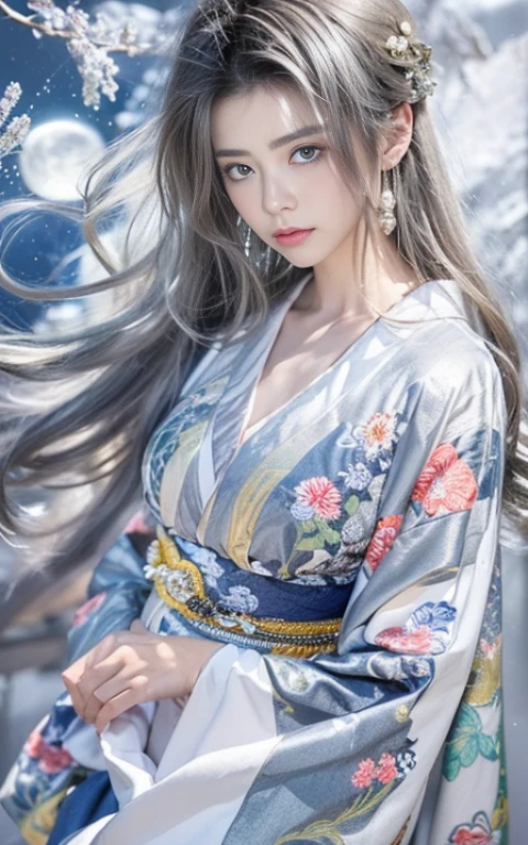 (Beautiful model appearing in Japanese kimono commercial, Beautiful silver mesh long hair swaying in the wind), (alone), ((face is 80% Beauty and elegance, 20% Beautiful and cute:1.5)), (Her roots are in Eastern Europe and Asia), Clear Eyes, (Fine grain, Light brown eyes, Bright pupils), double eyelid, (Slightly thick, sexy lips:1.2), Very detailed and incredibly high resolution silver long Kimono, Highly detailed facial texture, impressive body shape, curvaceous and very attractive woman, (The color of the long kimono is 95% Silver and 5% lapis lazuli:1.5), High resolution RAW color photo Professional photo, break ultra high-resolution textures, High-resolution body rendering, Big eyes, An unparalleled masterpiece, Incredible high resolution, Very detailed, Stunning Ceramic Skin, break (Wearing a shiny silver long garment of Rinpa, which uses plenty of Rinpa's silver color.), (The main color is Rinpa's shiny silver), (Exquisitely crafted classic Japan shiny silver long kimono), ((The embroidery pattern is a Japanese painting style of lapis lazuli birds, cloud, Mountain, river, And flowers)), (A lapis lazuli obi that matches this kimono), ((Long kimono in shiny silver with exquisite and elegant embroidery)), (The background is sparkling silver diamond dust emitted from the moon:1.5) break ((highest quality, 8K)), Sharp focus:1.2, (Layered Cut, big:1.2), (Beautiful woman with perfect figure:1.4), (Beautifully shaped breasts:1.3), Narrow waist, (Correct hand shape:1.5), (full body shot | Rear view)
