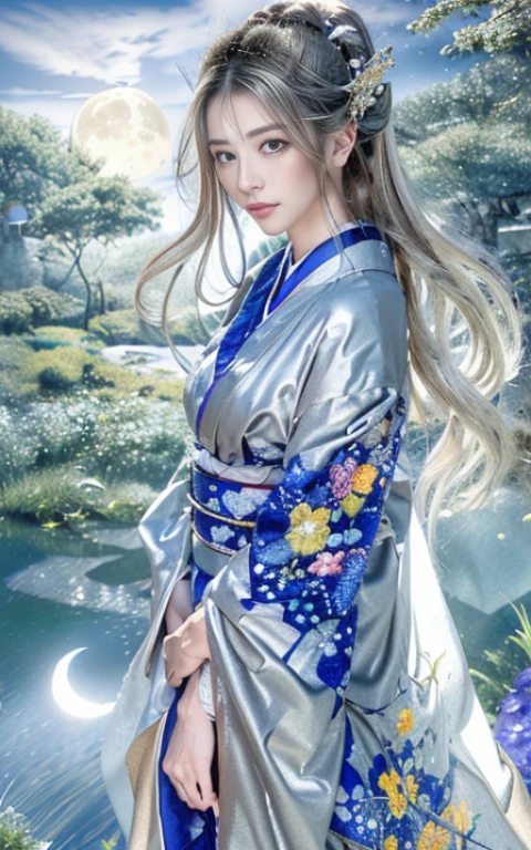 (Beautiful model appearing in Japanese kimono commercial, Beautiful silver mesh long hair swaying in the wind), (alone), ((face is 80% Beauty and elegance, 20% Beautiful and cute:1.5)), (Her roots are in Eastern Europe and Asia), Clear Eyes, (Fine grain, Light brown eyes, Bright pupils), double eyelid, (Slightly thick, sexy lips:1.2), Very detailed and incredibly high resolution silver long Kimono, Highly detailed facial texture, impressive body shape, curvaceous and very attractive woman, (The color of the long kimono is 95% Silver and 5% lapis lazuli:1.5), High resolution RAW color photo Professional photo, break ultra high-resolution textures, High-resolution body rendering, Big eyes, An unparalleled masterpiece, Incredible high resolution, Very detailed, Stunning Ceramic Skin, break (Wearing a shiny silver long garment of Rinpa, which uses plenty of Rinpa's silver color.), (The main color is Rinpa's shiny silver), (Exquisitely crafted classic Japan shiny silver long kimono), ((The embroidery pattern is a Japanese painting style of lapis lazuli birds, cloud, Mountain, river, And flowers)), (A lapis lazuli obi that matches this kimono), ((Long kimono in shiny silver with exquisite and elegant embroidery)), (The background is sparkling silver diamond dust emitted from the moon:1.5) break ((highest quality, 8K)), Sharp focus:1.2, (Layered Cut, big:1.2), (Beautiful woman with perfect figure:1.4), (Beautifully shaped breasts:1.3), Narrow waist, (Correct hand shape:1.5), (full body shot | Rear view)