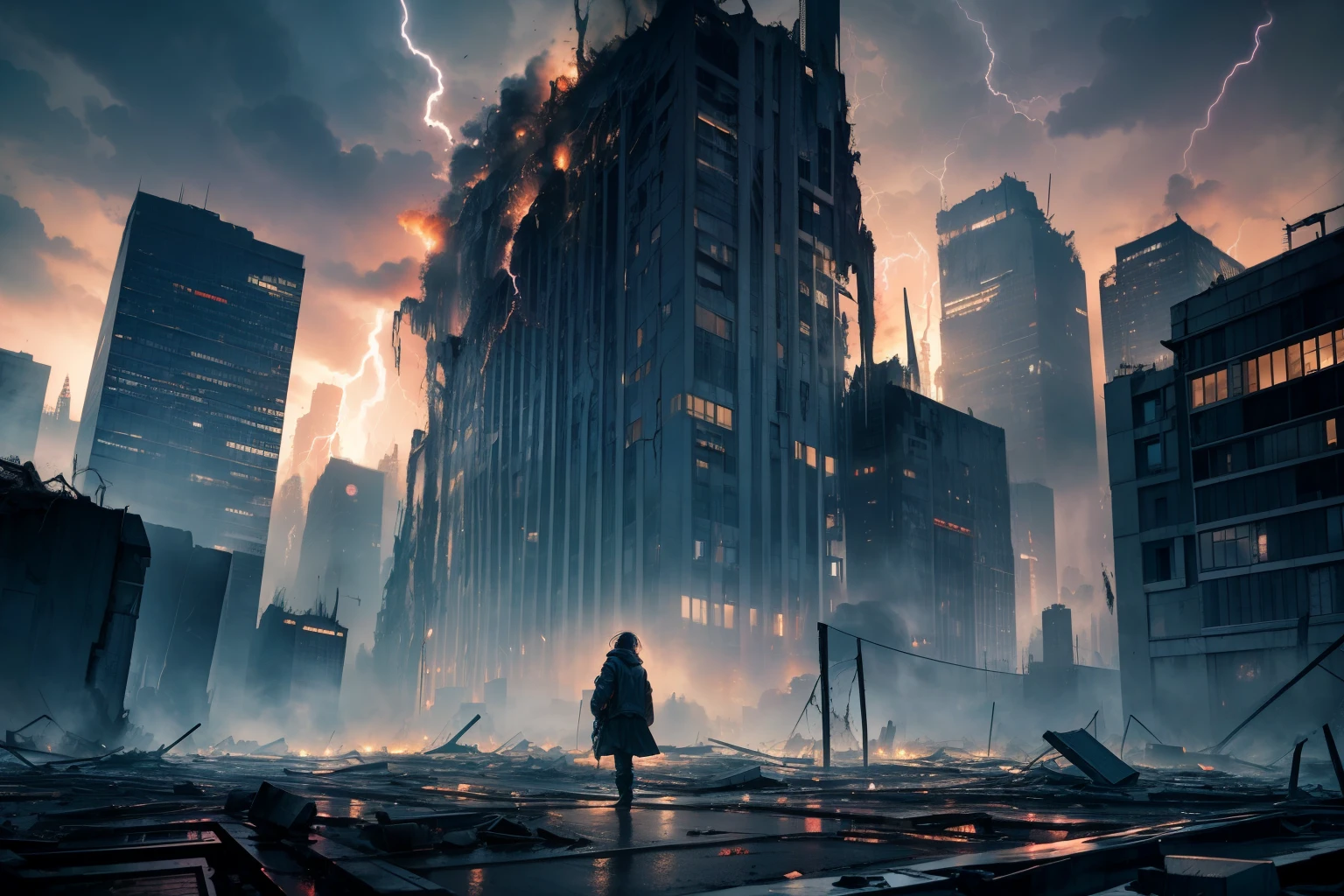 future city,Guerra, Empty, plants covering the building, dead and foggy,Explosions, catastrophe, ataque alien, caos, terra arrasada,cataclysmic storming made with horror creatures, devastating a city. Horror art, unreal engine, UHD, sketch color drawing. Illustration by Dan Seagrave,