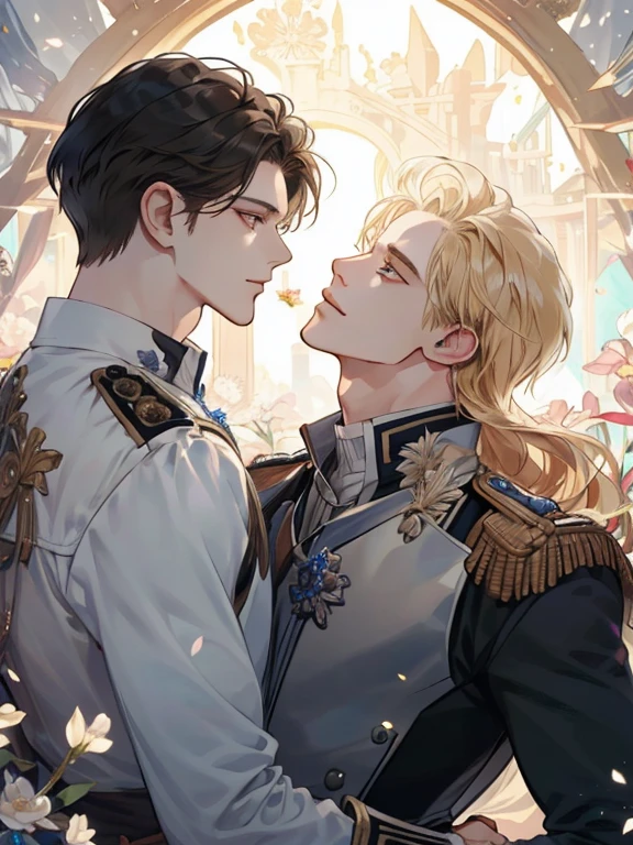(extremely delicate and beautiful:1.2), 8K, (masterpiece, best:1.2), (Two men:1.3), full bodyesbian, Beautiful man with blonde long hair, Middle-aged man with short black hair, Uniforms, Knights, intricate detailes, finely eye and detailed face, Perfect eyes, Equal eyes, (A male god), florals, a smile