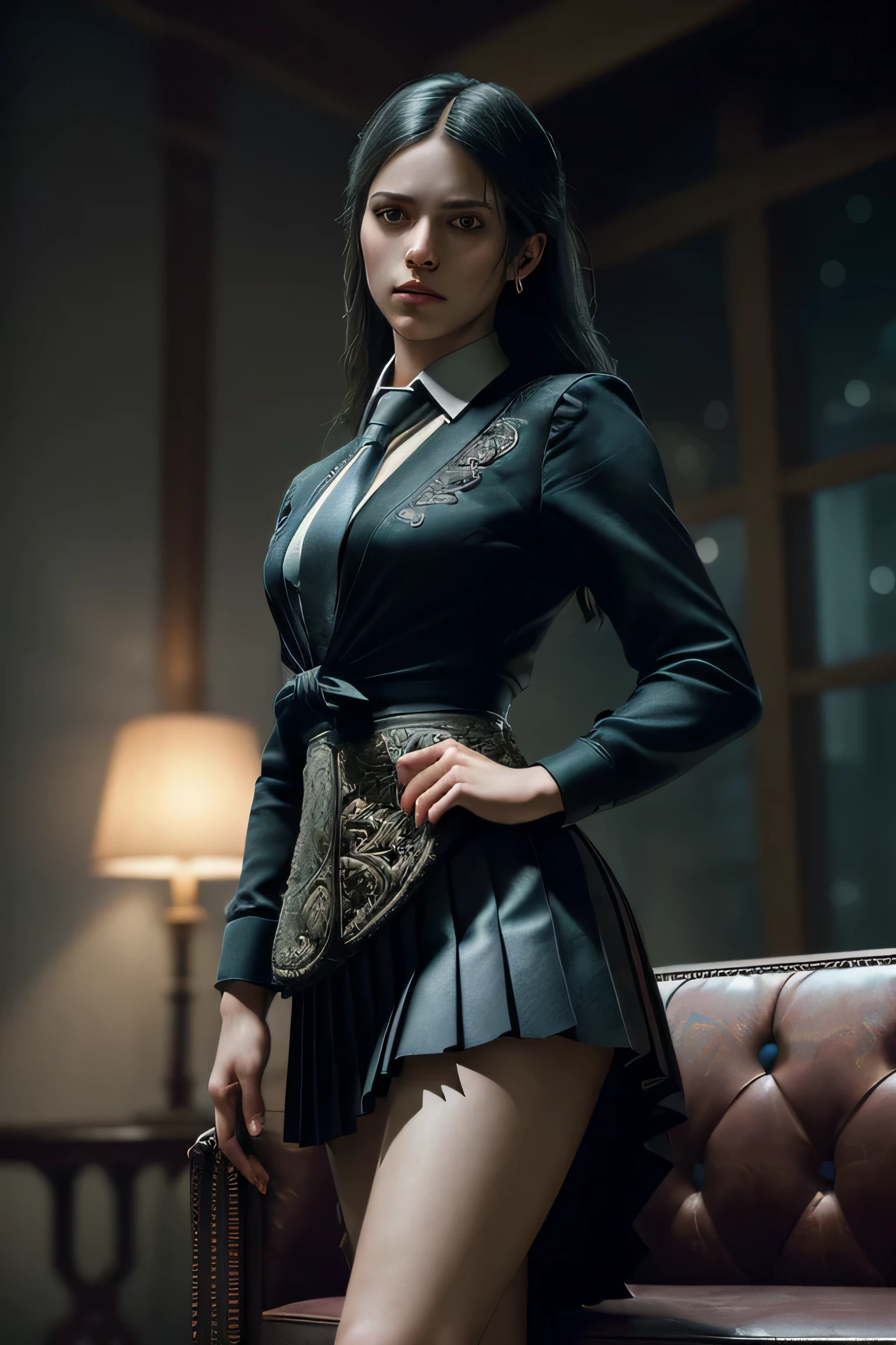 (masterpiece), (extremely intricate:1.3), (realistic), portrait of a girl, (dark fantasy, gore), (dynamic perspective), the most beautiful in the world, (kick viewers lightly), indoors, from below, shirt, tie, pleated skirt, high-heeled sandals, smirk, distant couch, Hirosaki, Aomori, professional photograph of a stunning woman detailed, sharp focus, dramatic, award winning, cinematic lighting, octane render unreal engine, volumetrics dtx, (film grain, blurry background, blurry foreground, bokeh, depth of field)