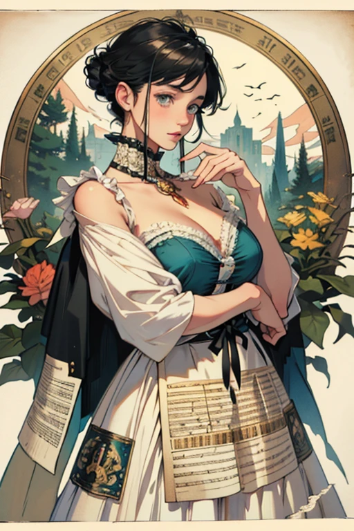 2d, lineart, style by Fernand Khnopff, (colorful:1.1), pinup \(style\), pinup girl, (toned) (adult moroccan:1.2) woman, coral eyes, dark red half-up half-down hairstyle, detailed background