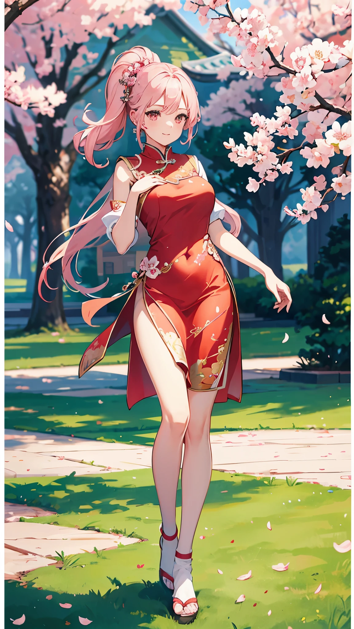 Create an 8K anime-style masterpiece, A portrait of pure elegance and vibrancy, High school girls wearing long Chinese dresses. The illustration shows her wearing a Chinese dress.。、 The setting is a vibrant spring scene beneath the cherry blossom trees at the school., She is depicted walking happily and chatting with a friend.. every detail, From the soft folds of the uniform to the delicate pink petals of the cherry blossoms, Rendered in the highest quality and ultra-detailed detail, Beautiful and nostalgic、Creating a scene filled with the joy of youth.