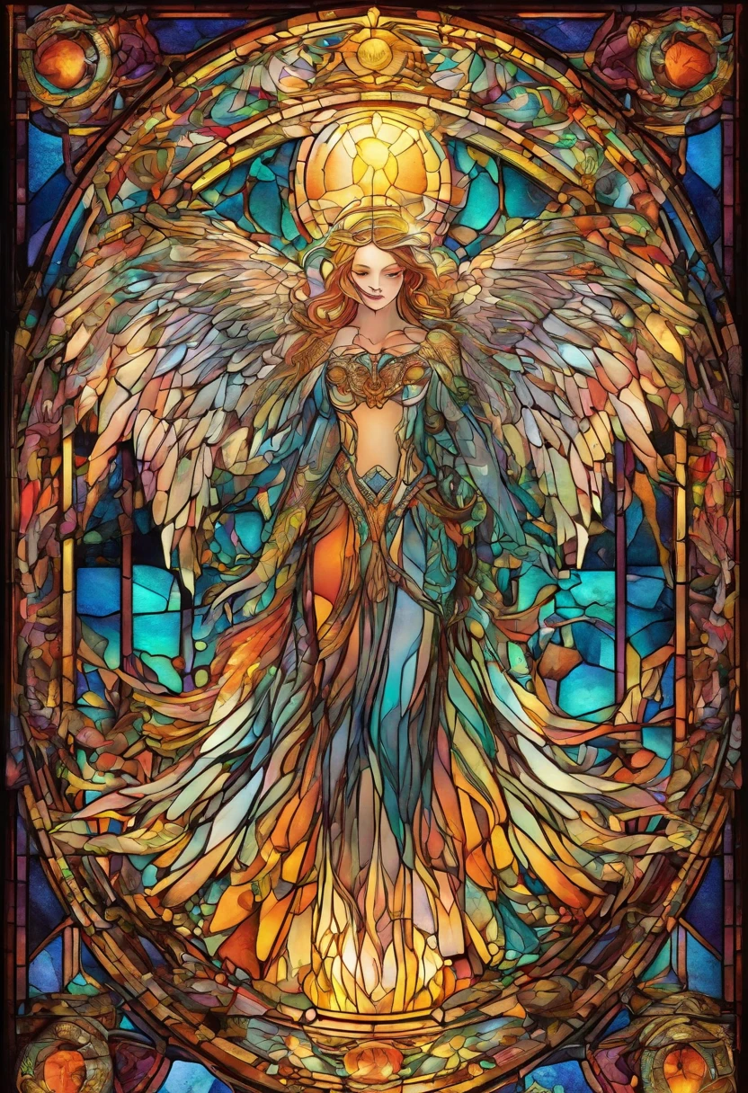 Cosmic fallen angel, glowing light eyes, Biomechanical, creepy, Nasty, nightmarish, Very bright colors, light particles, with glowing light, Mshiv, wallpaper art, UHD wallpapers