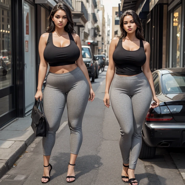 Sexy hot girl, perfect face, perfect body, huge tits, thick legs, curvy, black tank top, Grey stretch pants, standing, in street, solo, full body, 