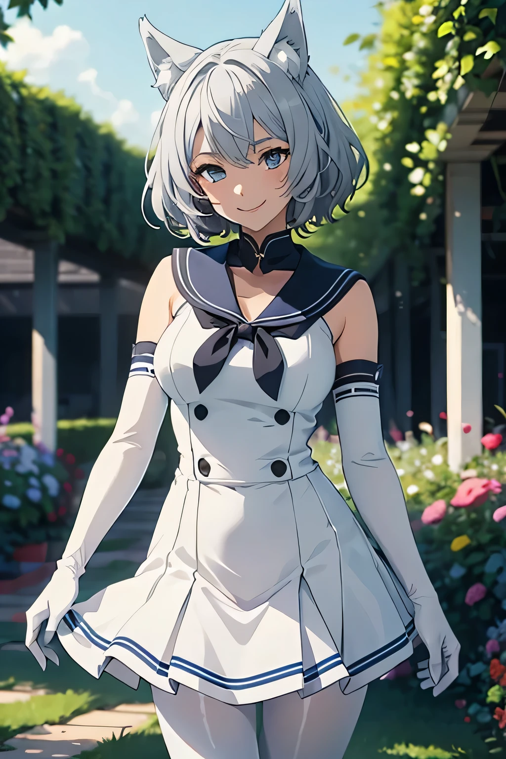 Tabletop Best image quality wonderful Attention to detail One Young Woman((Adult))Anime Style white sailor suit(Sleeveless) Navy blue mini skirt Lift up the skirt Pure white gloves(Elbow Gloves) White Pantyhose(Plain) wolf ears short hair((Shortcuts)(Gray Hair)(Curly Hair)(fluffy)) smile(Happy) Eye color is blue background(garden)
