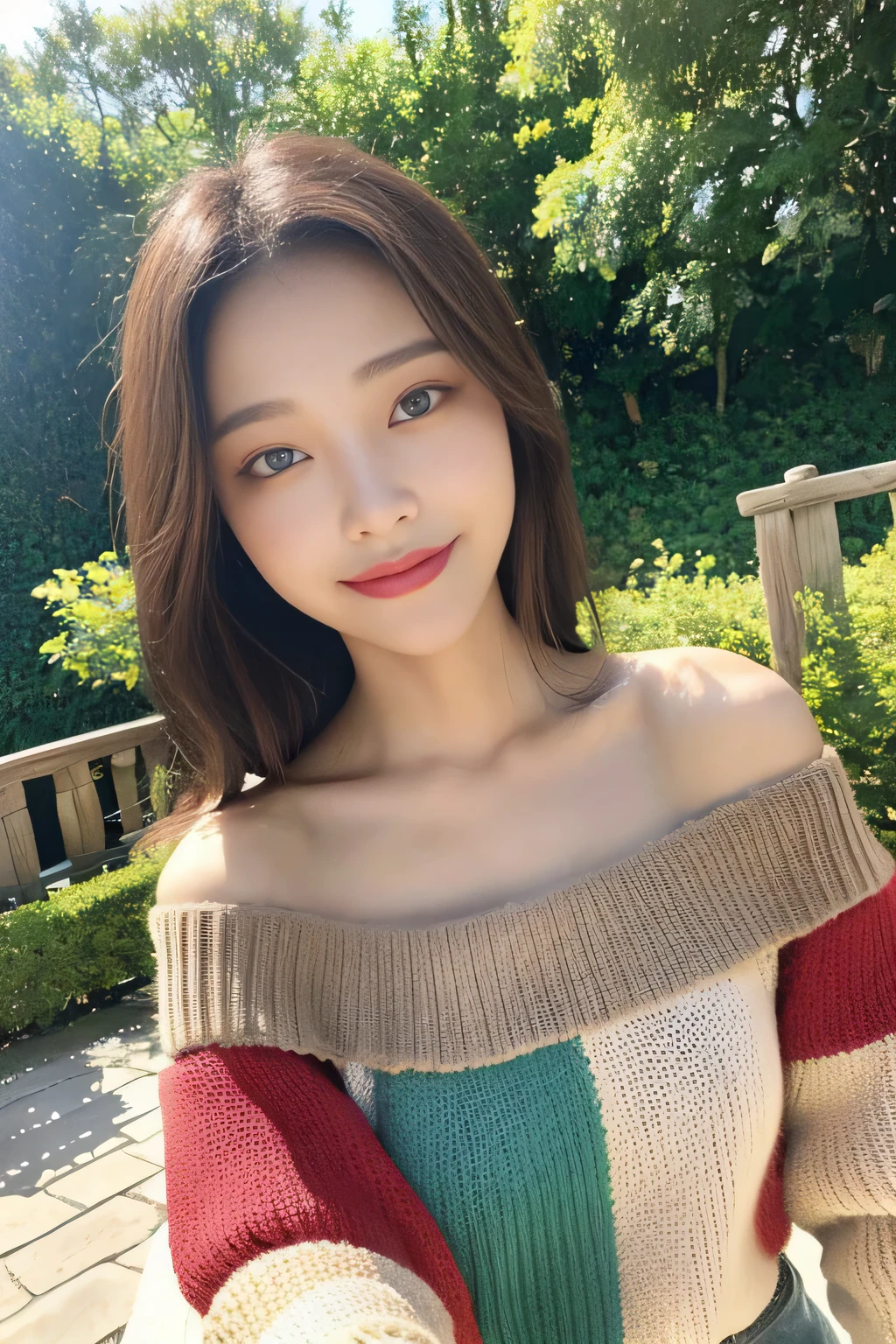 ((highest quality, 8K, masterpiece:1.3)), concentrated:1.2, Perfect body beauty:1.4, Hips:1.2, ((Delicate Hair)), (Brightly colored V-neck drop-shoulder sweater dress、 :1.1) , ((highest quality、8K、masterpiece:1.3))、1 Girl、A sloppy smile、Esbian all over、Slim face、Big 、Beautiful woman、(Dark Brown Hair)、Flickering Valley、Detailed eyes、double eyelid、Blurred Background、超Slim face、Looking down、garden、