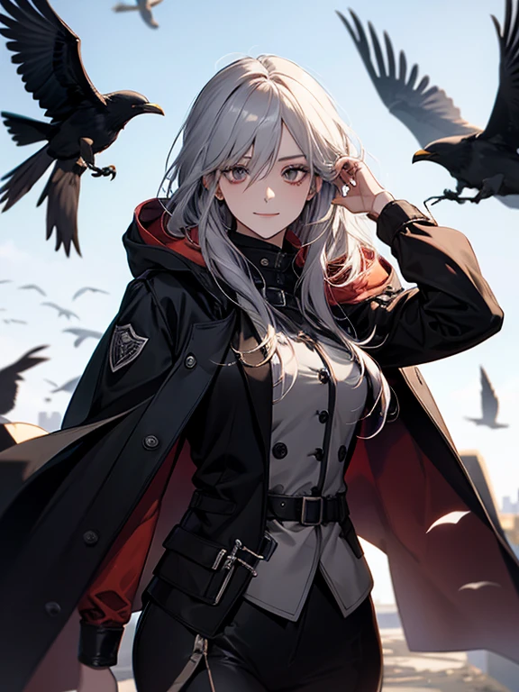 (Confused, High resolution, Very detailed), 1 female, Silver Hair,Long Hair,crow,Crows flying behind,Carried on shoulder,reddish brown eyes,Black hooded pilot coat,Black and white suit,20th generation,Beautiful woman,A shy smile,thin,Are thin,quiet,Calm,Carrying a white crow,Accompanied by many white crows,