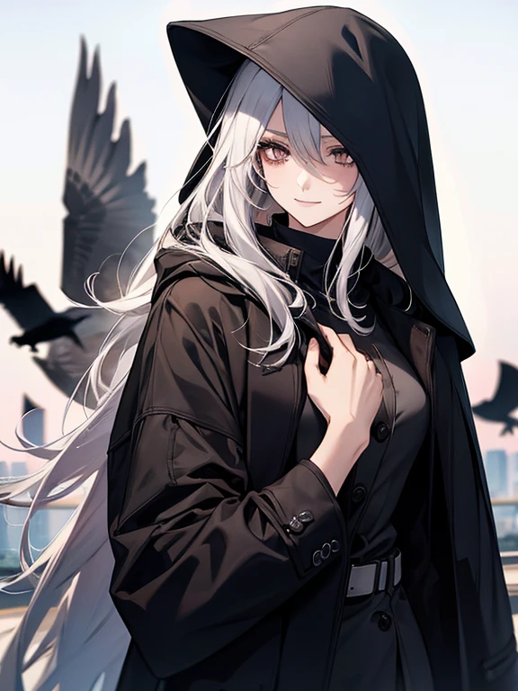 (Confused, High resolution, Very detailed), 1 female, Silver Hair,Long Hair,crow,Crows flying behind,Carried on shoulder,reddish brown eyes,Black hooded pilot coat,Black and white suit,20th generation,Beautiful woman,A shy smile,thin,Are thin,quiet,Calm,Carrying a white crow,Accompanied by many white crows,