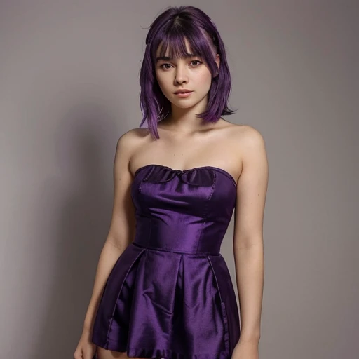 1 teenage woman, beautiful face, wearing a purple strapless dress, Indonesin girl, short skirt, purple hair, purple eyes, facing to the side, looking to the front