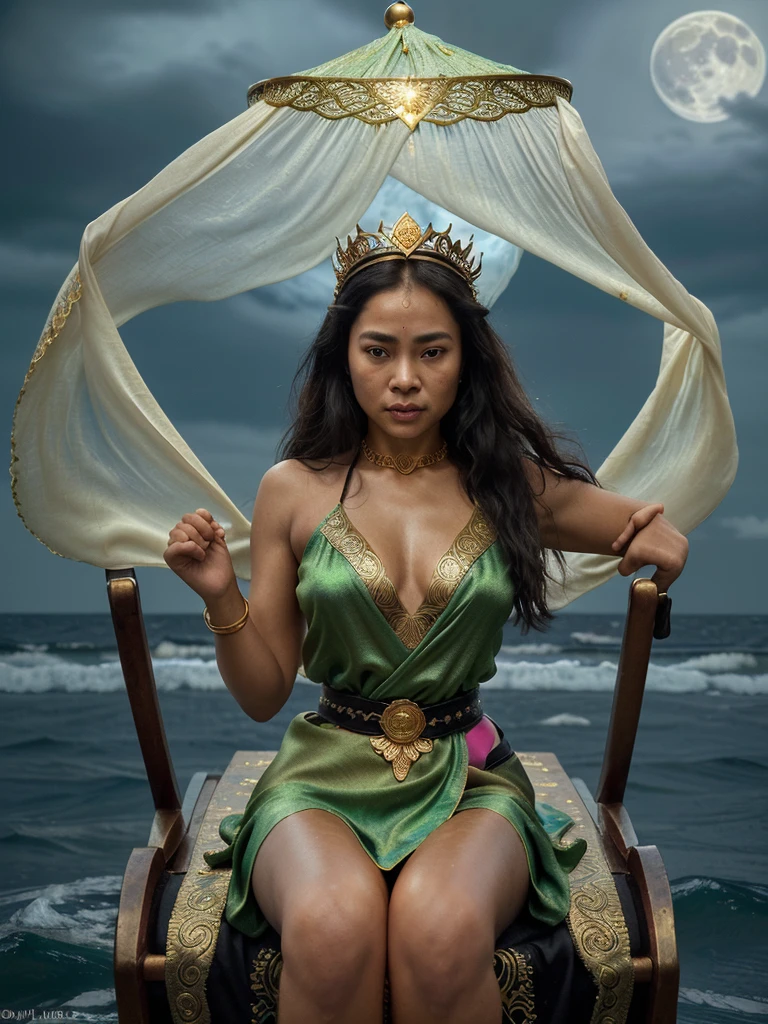 create a realistic close-up photo showing the figure of the queen from Indonesia who came from another dimension appearing in the middle of the blue sea. She is very graceful, beautiful, and recognized. long hair wearing a small crown. Strands of jasmine flowers are woven from behind the ear to the chest, ending with a kantil flower. wearing a green tank top with Javanese carved motifs made from gold sequins. green silk shawl, black belt decorated with carved gold sequin motifs, wearing a batik sarong with small, intricate white and black motifs. Sitting on a chariot carved with two golden circle-shaped dragons, with the left hand positioned in front of the chest and the right hand waving and holding a silk scarf, the horse and chariot run across the water with magic. The background of sea waves, full moon, eerie atmosphere and thunderstorm, full of mysticism. The images presented are super realistic, natural, Concept Art, with super HD/400dpi quality.