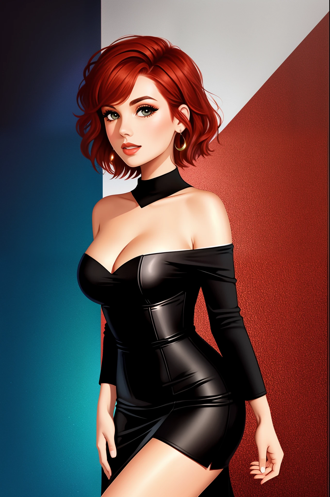 gorgeous woman, red hair, pixie cut, short black and red asymmetric dress