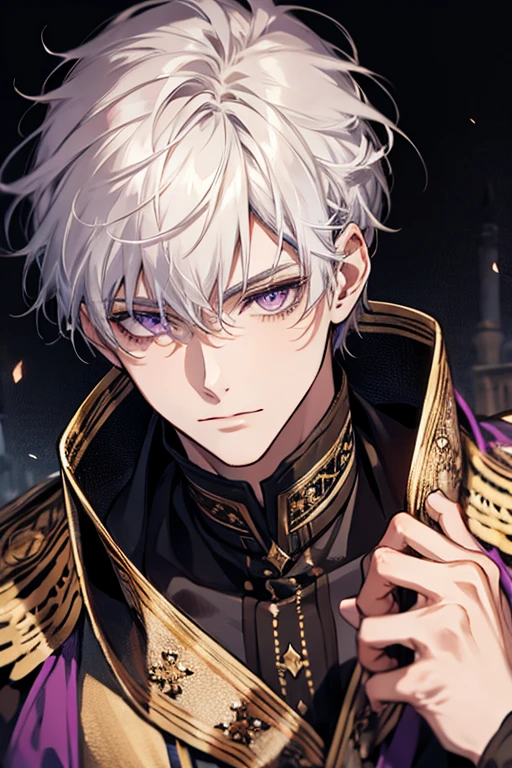 1male, calm, age 35 face, short messy with bangs, white hair, amethyst colored eyes, royalty, prince, black clothes, in a castle, close up, medieval times