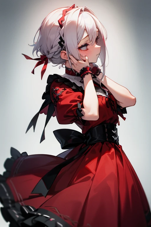 Short white hair, blush, Gothic ta、Punk Fashion、Headbang 2.、Red clothes、Braiding、