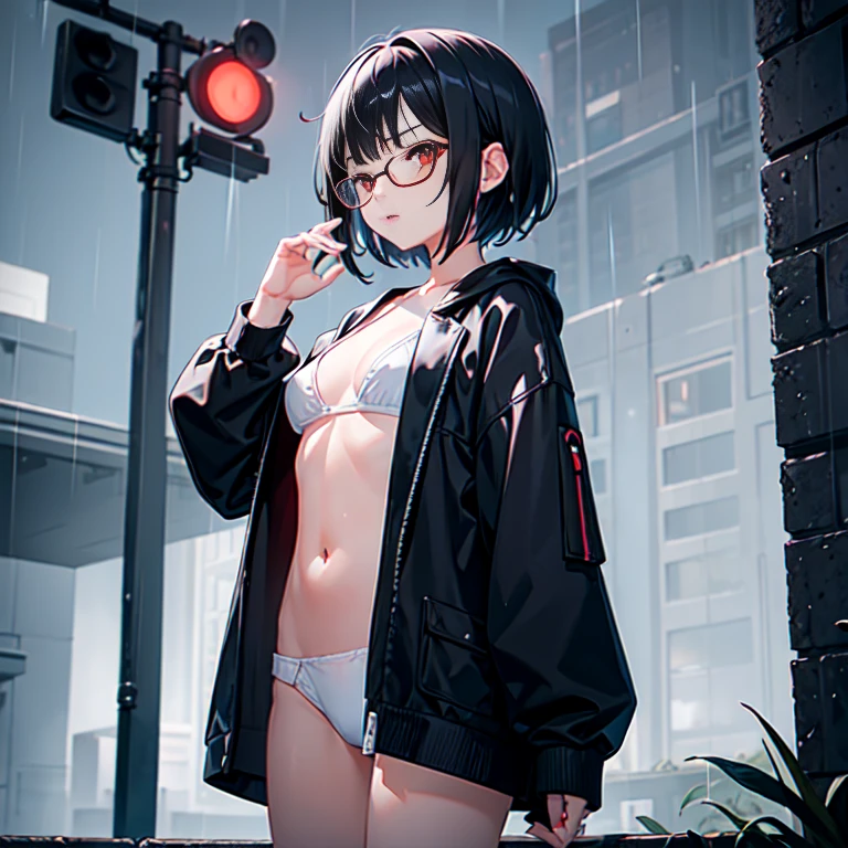 อายุ 14 ปี , short hair, black hair, red eyes, ชุดชั้นในsmall สีขาวแถบแดง, , small, cute, standing in the rain, wet, big breasts, wear glasses, white panties,