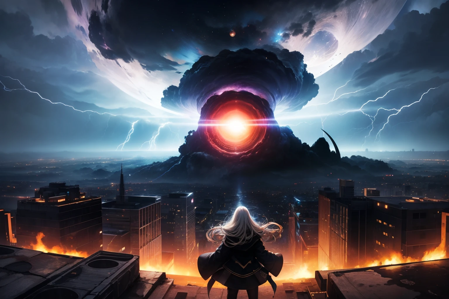 ((high quality)),((masterpiece)), apocalypse, black hole, city ،Lightning and thunder,eye on the sky