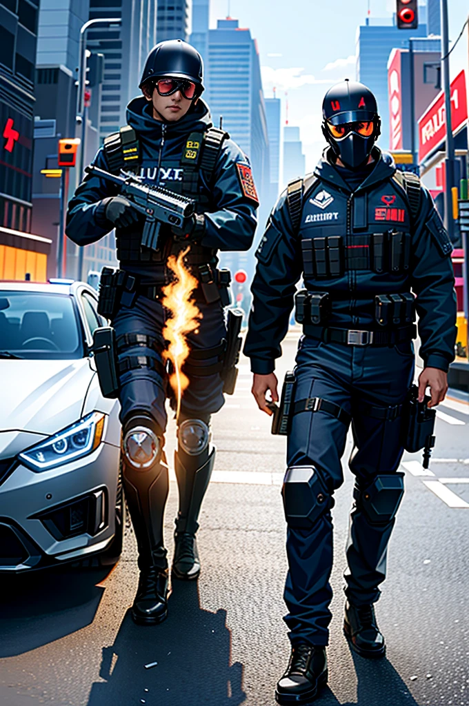 2men,heavily armed police,(They fire their guns flamboyantly),muzzle flash,Maximum Force Tactical Division, are elite law enforcement units tasked with maintaining order in cyberpunk City. They are known for their advanced cybernetic enhancements, heavily armored exoskeletons, and high-tech weaponry. MaxTac operatives are highly trained and equipped to handle the most dangerous situations, often operating with ruthless efficiency to neutralize threats. They are a formidable presence in the city, feared by criminals and civilians alike for their unwavering commitment to enforcing the law.holding a gun,black helmet,cyberpunk downtown,Control the area,