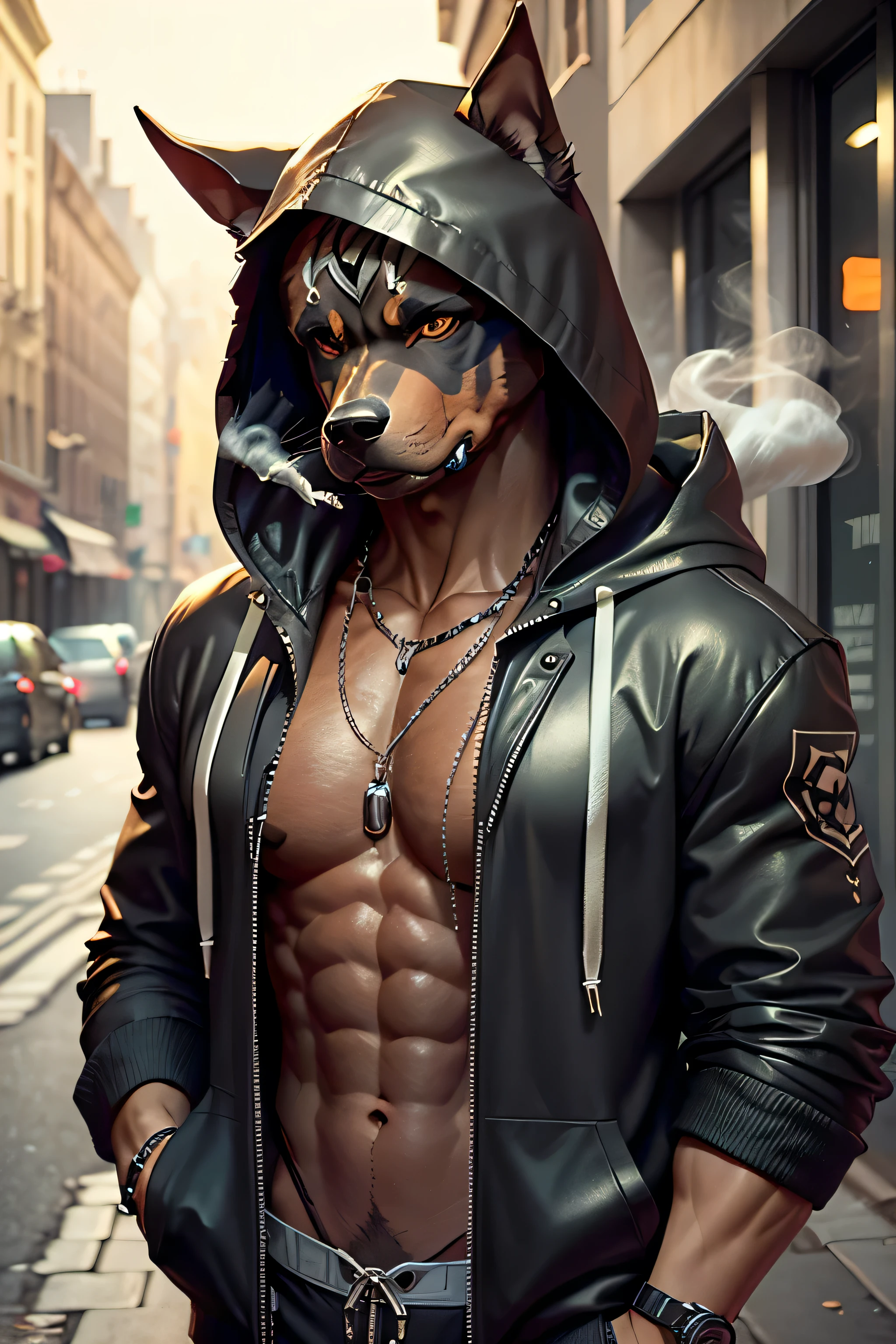 C4tt4stic, Cartoon Doberman dog smoking cigarrete wearing a hooded jacket in urban streets (Body hair is black、Details of the appearance of the Doberman)