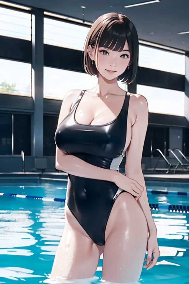 masterpiece, Finest quality、(A woman about 40 years old:1.6)、Outstanding smile、Huge breasts、Shorthair、Bangs REAK、 (Glossy matte metallic swimsuit in dark random color, Ultra-thin smooth fabric swimsuit, competition swim suit, White), Wet clothes, Oily skin, Heated pool、Indoor swimming pool、3/4 body view、