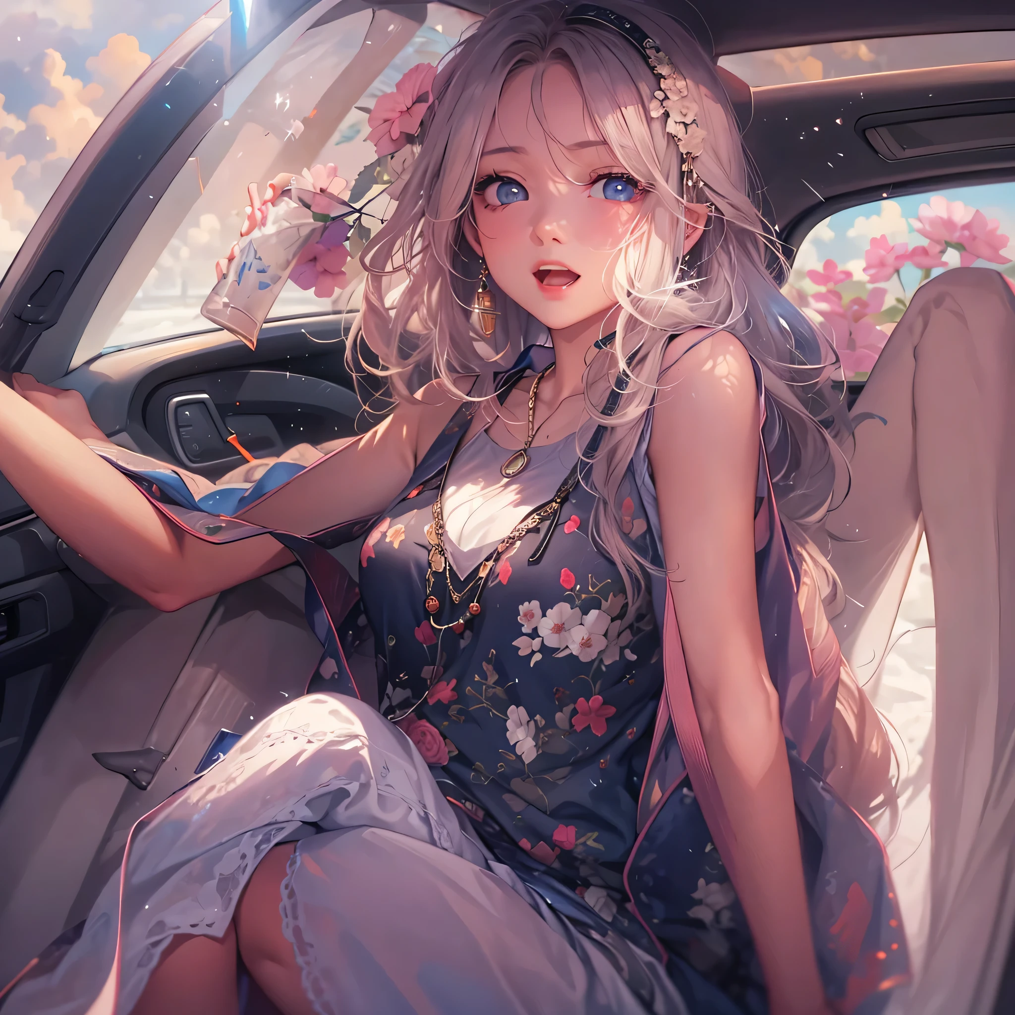 ((highest quality)), ((masterpiece)), (Get used to it), Perfect Face , beautiful girl , Riding in the passenger seat of a car , summer ,