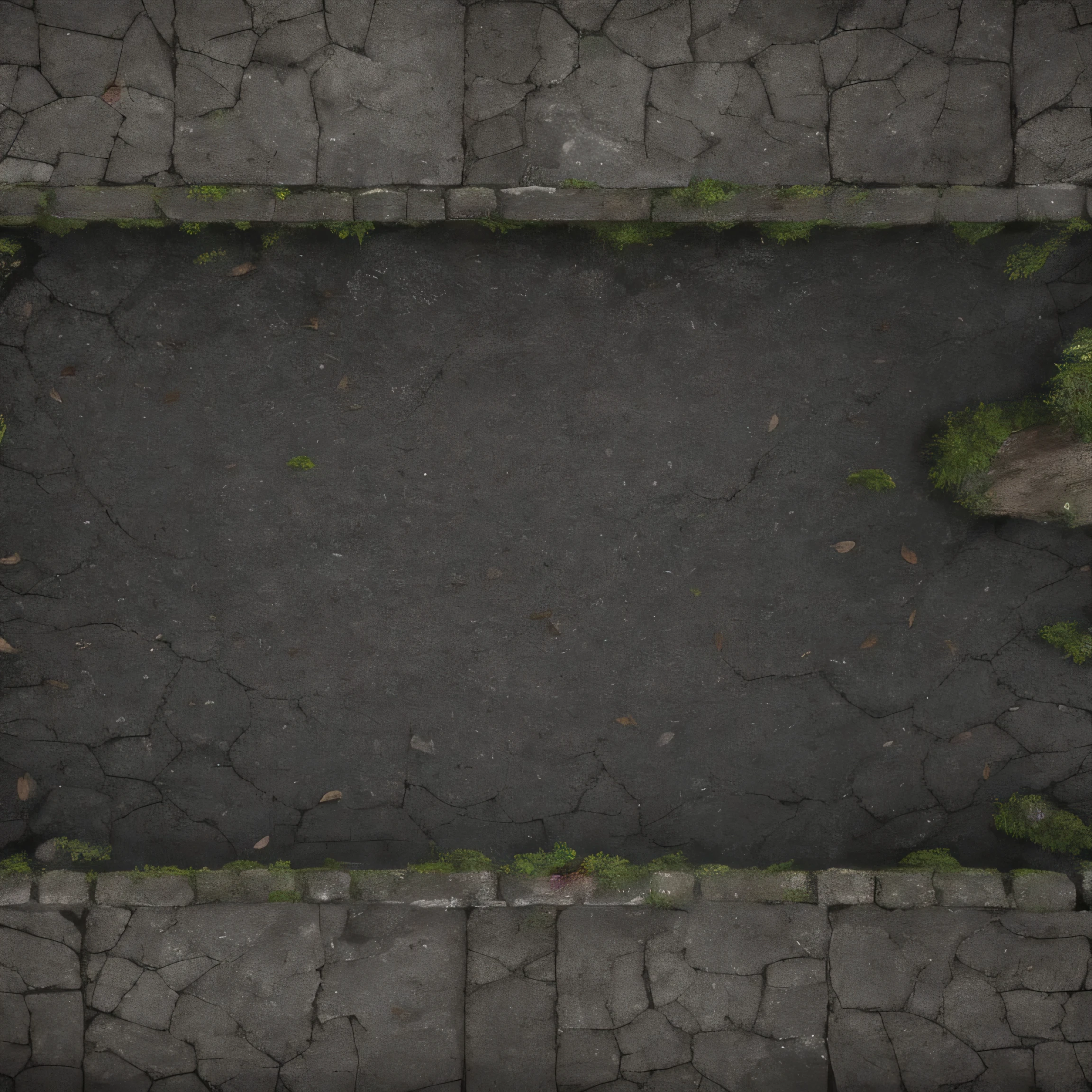 Old mossy cracked asphalt road top view, city road texture for the game