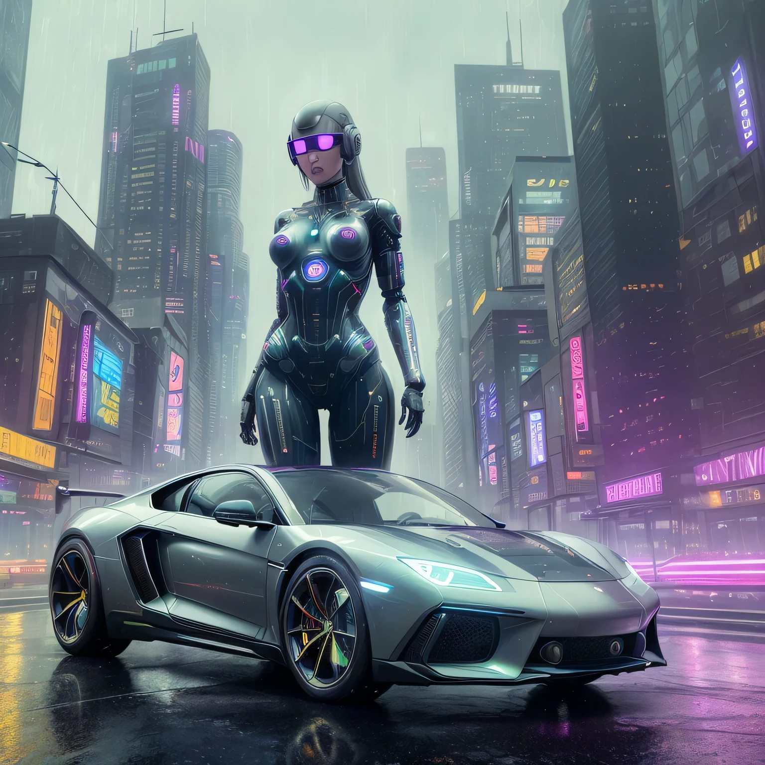 (best quality,4k,highres,masterpiece:1.2),ultra-detailed,realistic:1.37,chica anime,beautiful cyborg girl,futuristic city,detailed body design,large breasts,detailed eyes,detailed lips,long eyelashes,anime style,sci-fi,cityscape,neon lights,vibrant colors,metallic textures,sleek and futuristic architecture,advanced technology,impressive skyline,reflection of lights on the wet pavement,glistening raindrops,shiny surfaces,blinking holographic signs,engaging pose of the girl,wind gently blowing through her hair,confident expression on her face,high-tech gadgets,hovering vehicles,exciting and dynamic atmosphere,depth and sense of scale,artistic composition,impressive attention to detail,striking contrast between the girl's soft features and the city's technological elements,moody and atmospheric lighting,emphasizing the futuristic ambiance,serene yet powerful presence of the cyborg girl.