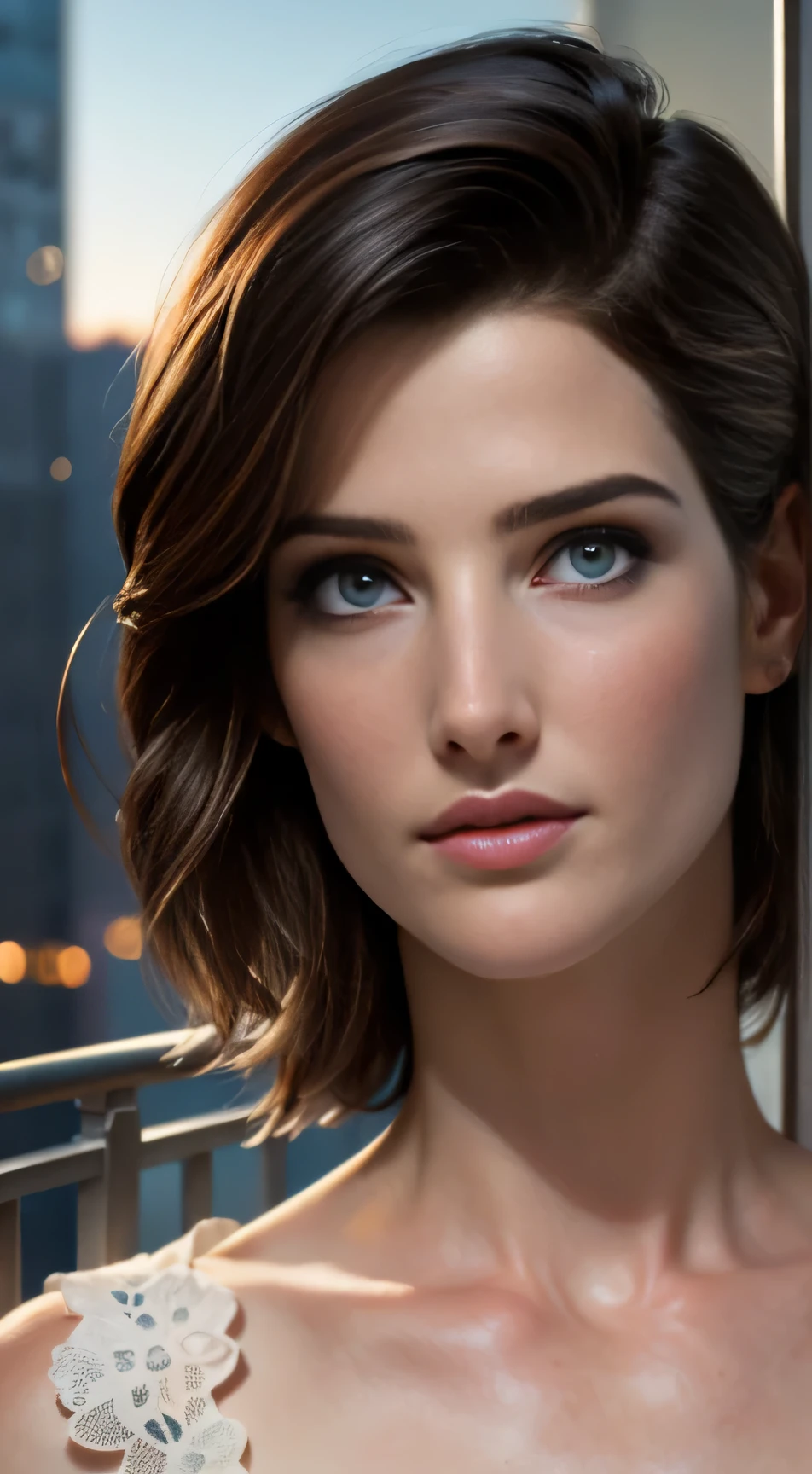 photo of Cobie Smulders, RAW, beautiful woman, ((portrait)), ((detailed face:1.2)), ((detailed facial feature, detailed skin, clear skin), (perfect proportioned body), (wearing a colorful dress) (high detailed city environment, apartment balcony), (realistic photo, best quality, detailed), (8k wallpaper), (cinematic lighting, dramatic lighting) (sharp focus, intricate)