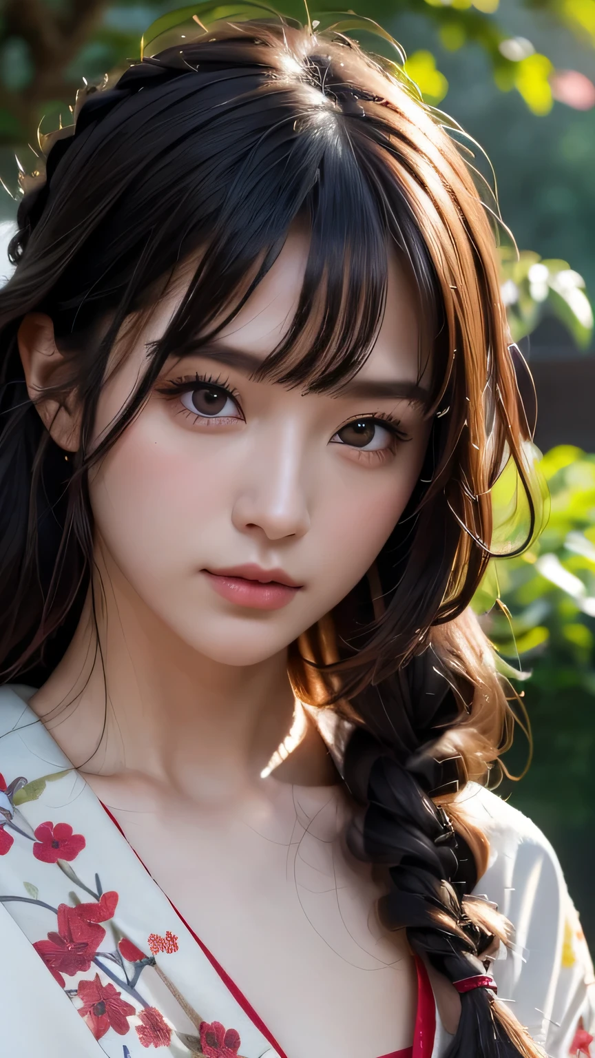 1 girl, dull bangs, Braid, wide sleeve, hair ornaments, kimono, red obi, (black hair:1.2), very long hair, straight hair, looking at the viewer, highly detailed background, (photo-realistic:1.2), fine eyes, red eyeshadow, Depth of the bounds written，thigh, (Ulzzang-6500:0.7), Upper body, (alone:1.2), (In an empty Japanese garden), cleavage,shiny skin､masterpiece, 最high quality, high quality, High resolution, (close up of face)､