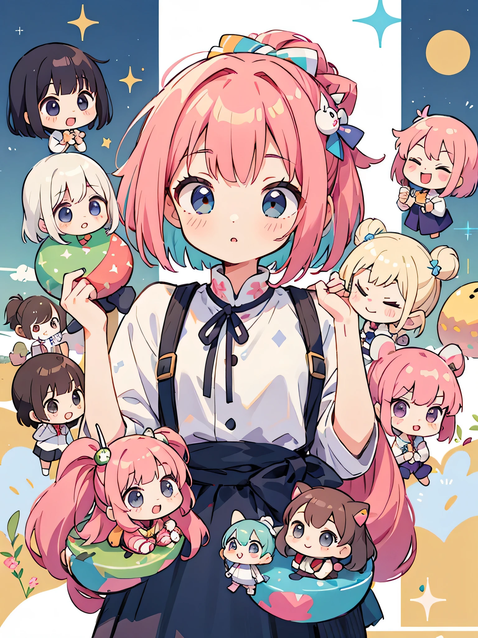 Momoko Sakura style, Kawaii Design, (((10 people)))、most beautiful girl ever、Chibi, Colorful bob hair、((Lots of friends))、Games for everyone