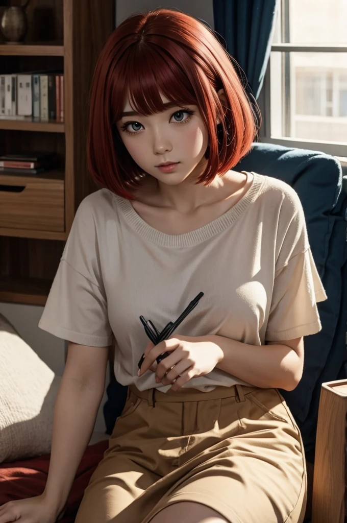 Red Hair Short Bob Bangs Big Eyes woman 23age Heart Clothing live-action