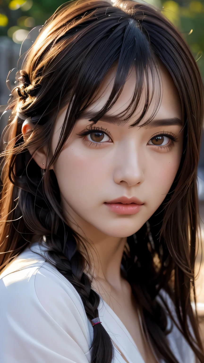 1 girl, dull bangs, Braid, wide sleeve, hair ornaments, kimono, red obi, (black hair:1.2), very long hair, straight hair, looking at the viewer, highly detailed background, (photo-realistic:1.2), fine eyes, red eyeshadow, Depth of the bounds written，thigh, (Ulzzang-6500:0.7), Upper body, (alone:1.2), (In an empty Japanese garden), cleavage,shiny skin､masterpiece, 最high quality, high quality, High resolution, (close up of face)､