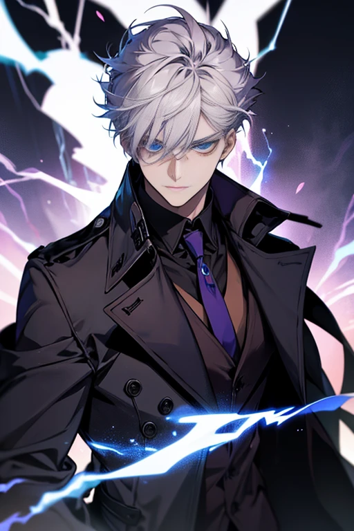 1 20-year-old boy, male people，Aura, bilibili,  Nero_Background, Blue_Eyes, Blue_Fire, Blurry, cigarettes, wind coat, krystal, Electricity, energy, blazing, _Bland_Eyes, Holding, Holding_cigarettes, Lightning, Long_Sleeves, up looking_disturb_peeping at the viewer, magic, Man's_Focus, purple_Trench coat It has a simple one_Background, Solo, The upper part of the body_, White_