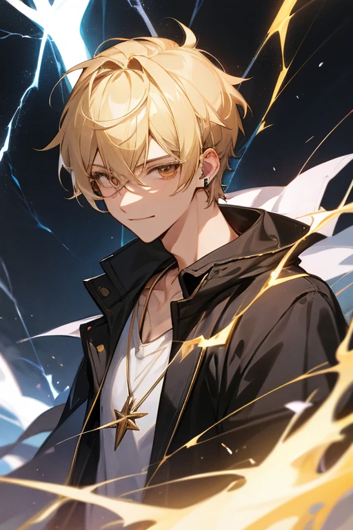 Masterpiece, absurdres, fine detail, HDR, solo, looking at viewer, smile, shirt, blonde hair, 1boy, hair between eyes, jewelry, jacket, golden eyes, upper body, male focus, earrings, necklace, ear piercing, FH , lightning mage, toned, lightning mage robe, electrical aura, early 20s,