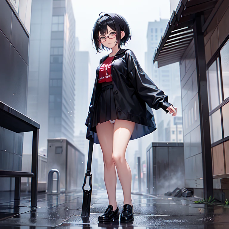 little girlอายุ 14 ปี , short hair, black hair, red eyes, ชุดชั้นในsmall สีขาวแถบแดง, , small, cute, standing in the rain, wet, , wear glasses, white panties,