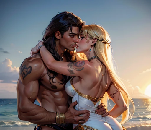 One Handsome short-haired tall huge barbarian beefy muscular Chad Prince in center-of-composition hugging three beautiful tackling him and touching him and feeling him and snuggling him, dressed like princess, perfect athletic bodies with nice asses, : very long flowing hair, flowers in hair, seductive, tattoos, ornate materials, jewelry, 8k photography, raytracing, photorealistic, masterpiece, in love, grins, perfect faces, Flirtatious, setting: at a beach, golden hour, harem, watercolor, racially diverse, kissing each other, adoration, worship, IF ONE PERSON IN THE PICTURE IS A MAN THEN THE REST MUST BE WOMEN, so many gorgeous women, IF THERE IS ONE MAN THEREFORE THE NEXT PERSON MUST BE A WOMAN, no crosseye, , no same two pose are the same