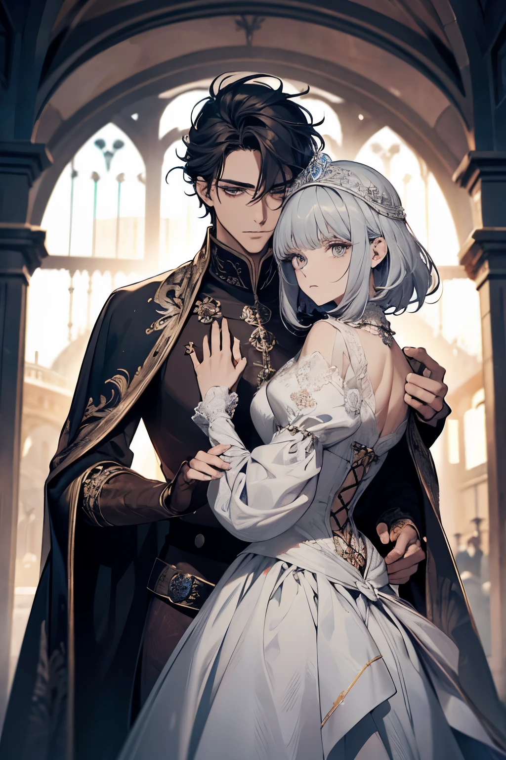 anime couple in a fancy dress posing for a picture, sakimichan and frank franzzeta, wlop and sakimichan, asya yoranova and alan lee, genshin, nixeu and sakimichan, anime key visual of elegant, anime in fantasy style, he has dark grey hairs, sirius a and sirius b, neferpitou