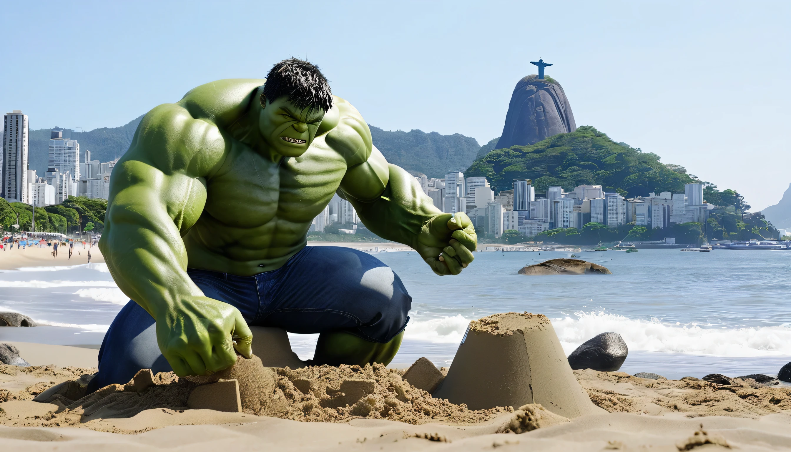 Generate a 4K image featuring the Incredible Hulk on the shores of Copacabana Beach, with the iconic backdrop of Rio de Janeiro, including the Corcovado mountain with the Christ the Redeemer statue. It's a bright, sunny day, and the Hulk is seated on the sand, playfully crafting a sandcastle. The scene should capture the juxtaposition of the Hulk's immense strength with the peaceful beauty of the beach and cityscape behind him