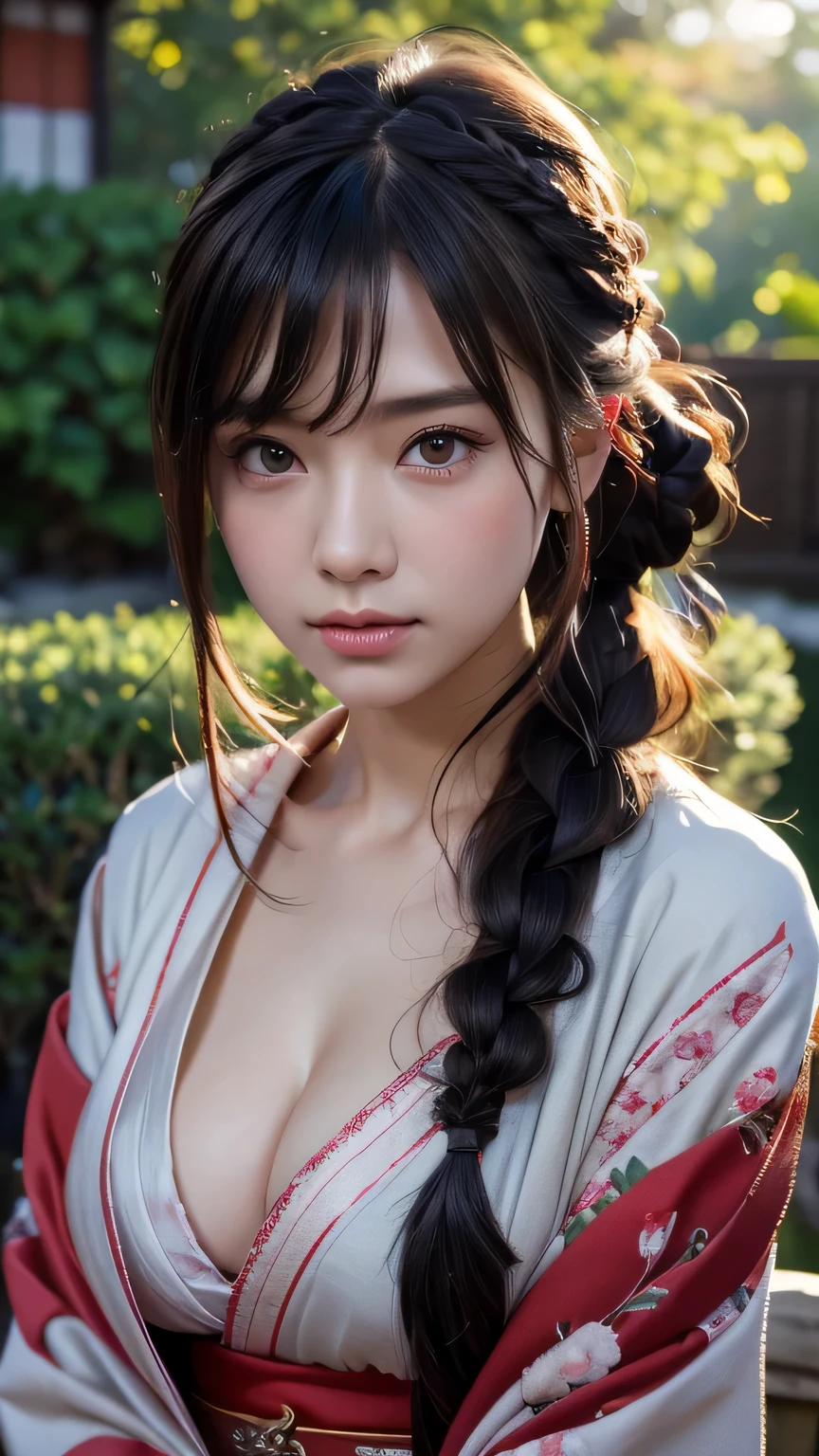 1 girl, dull bangs, Braid, wide sleeve, hair ornaments, kimono, red obi, (black hair:1.2), very long hair, straight hair, looking at the viewer, highly detailed background, (photo-realistic:1.2), fine eyes, red eyeshadow, Depth of the bounds written,thigh, (Ulzzang-6500:0.7), Upper body, (alone:1.2), (In an empty Japanese garden), cleavage,shiny skin、masterpiece, 最high quality, high quality, High resolution, (close up of face)、