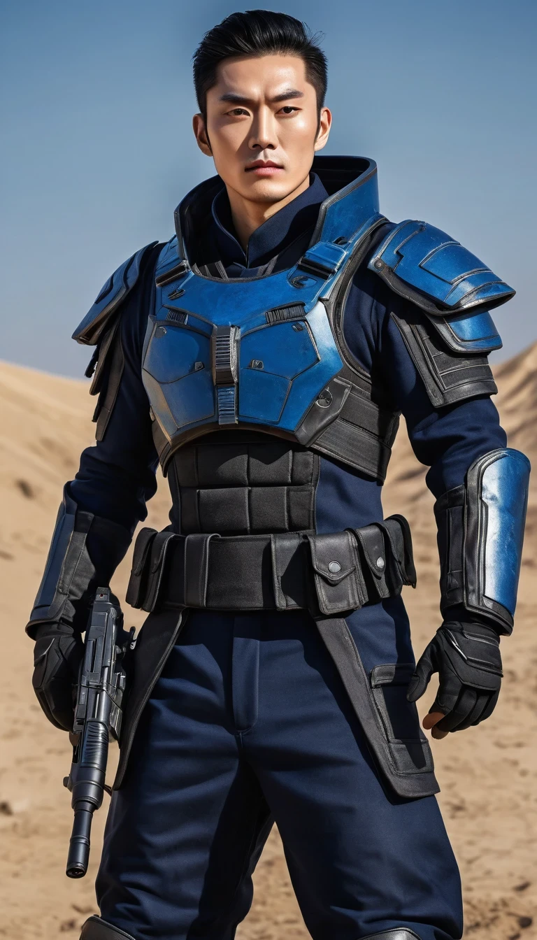 Surrealism, UHD, masterpiece, ccurate, textured skin, super detail, high details, high quality, award winning, best quality, highres, 16k，
（role conception），Intergalactic cowboy，（whole body），《9th Special District》The science fiction hero Qin Yu is wearing a black combat coat，The dark blue sweater is visible at the neckline，（Wearing a pair of dark cotton pants，Wearing a pair of round-toed cloth shoes），Combat uniforms are made of wear-resistant、Made of waterproof material，To ensure the wearer stays comfortable and dry in adverse climate and terrain conditions。also，Combat uniforms are also usually equipped with protective equipment，Such as bulletproof vest、helmet、Goggles, etc.，To protect the wearer from harm，The combat uniform will also be equipped with various equipment and tools，Such as a pistol、rifle、grenade、Medical kits, etc.，So that the wearer can quickly respond to various situations in battle。
His hair is very short，There is a firm look in his brows. He is tall.，with broad shoulders，His skin appears a healthy bronzer，Well defined muscles，Wearing a worn-out coat，Gives a feeling of both desolation and tenacity，His eyes are deep and bright，As if I can see into people&#39;s hearts，There is a firmness and courage between his eyebrows。Qin Yu&#39;s facial features are three-dimensional and profound，His nose is high，The lips are well defined，Appears both resolute and determined。His hair is short and thick，Always comb your hair meticulously，background：The interstellar land after the catastrophe is devastated，Chaotic situation
