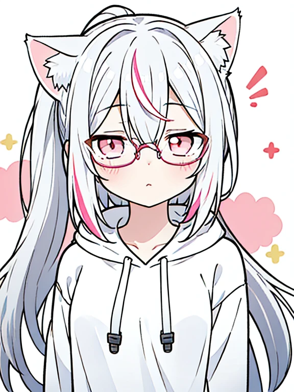 best quality, masterpiece, 1 girl, loli, upper body, hairs between eyes, female, pink eyes, long hair, small breasts, glasses, high ponytail, expressionless, wink , cat ears, white hair, silver hair, streaked hair，hoodie,  murder, long bangs