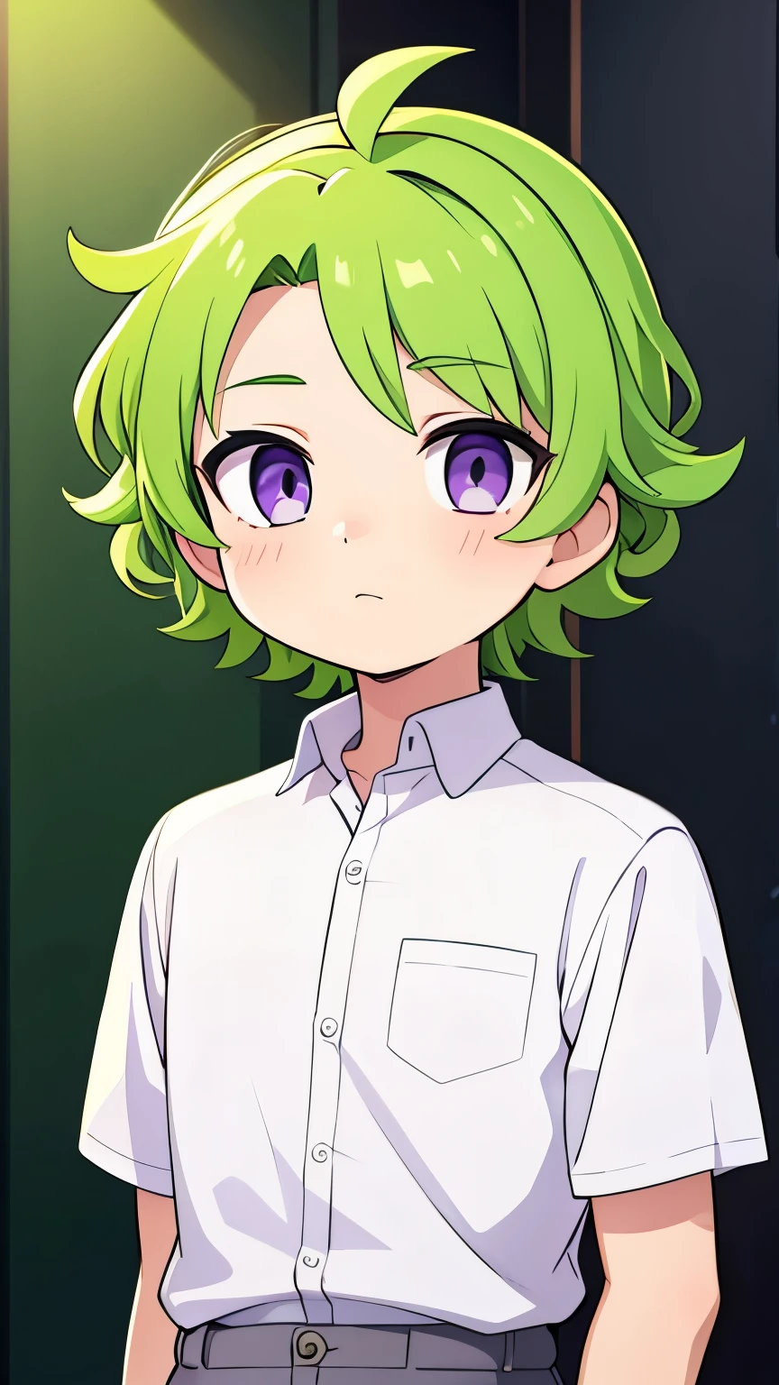 15 year old boy,Short, curly, yellow-green hair,Thin hair band,Purple eyes,White shirt and grey slacks,Character portrait