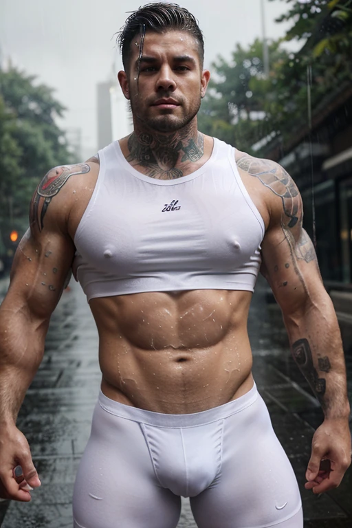 A muscular, tattooed man, wearing white tights with a sleeveless t-shirt while soaking in rain-soaked A muscular, tattooed man, wearing white tights with a sleeveless t-shirt while soaking in rain-soaked water
