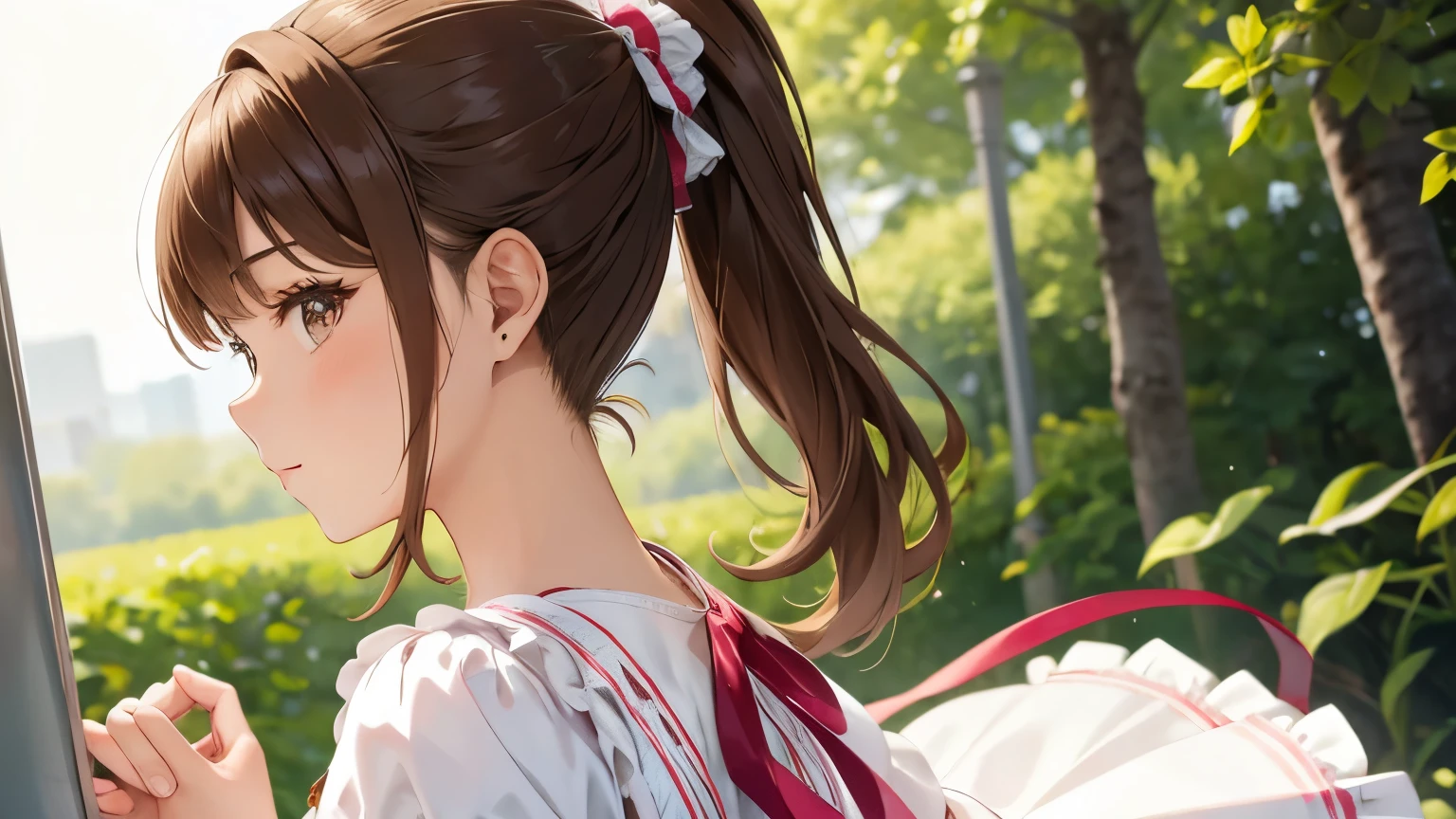 Beautiful woman wearing a sweet ta dress　brown hair ponytail　Upper Body
